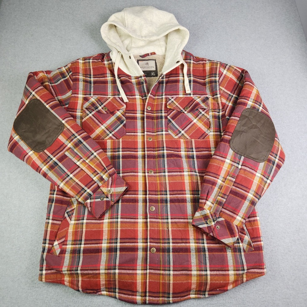 Legendary Whitetails Shirt Jacket Men XL Red Plaid Sherpa Lined Elbow Pad Hooded